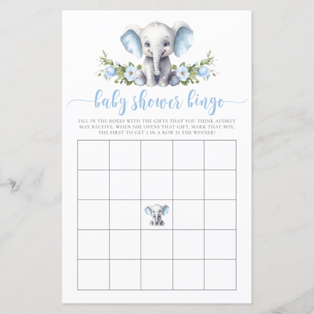Lámina Juego de ducha de bingo de elefante azul floral (Anverso)