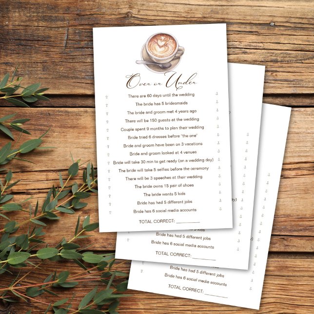 Lámina Juego de ducha de novia con caída de café o bajo (Over or Under love is brewing coffee cappuccino fall bridal shower games card)