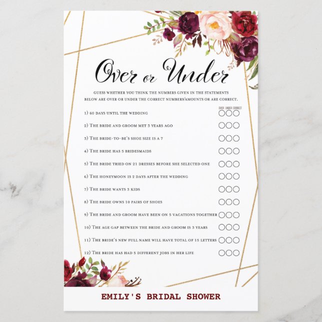 Lámina Juego de ducha de novia con flores de borgoña, duc (Anverso)