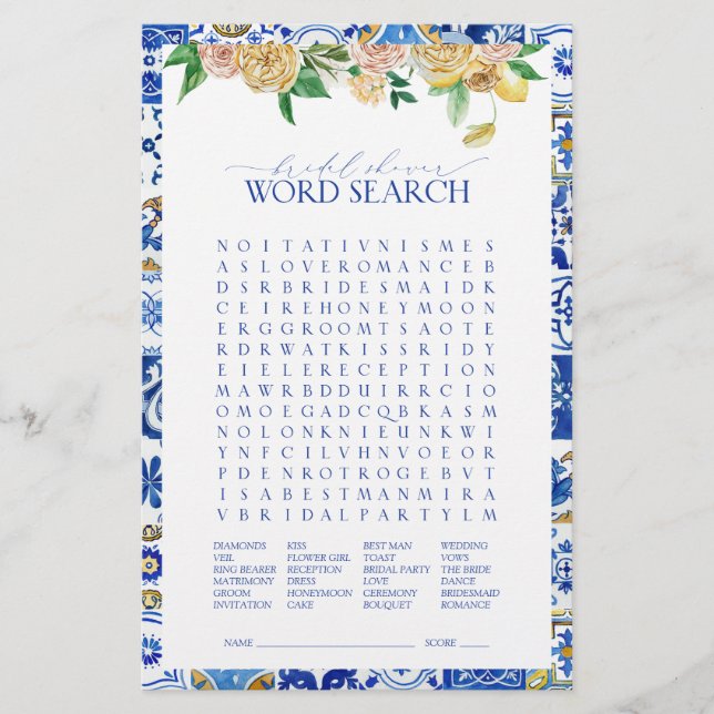 Lámina Juego de ducha de novia de búsqueda de palabras en (Anverso)