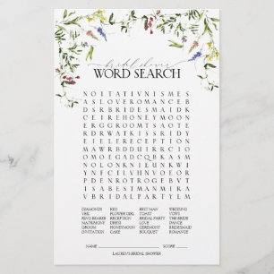 Lámina Juego de ducha de novia de búsqueda de Word Wildfl