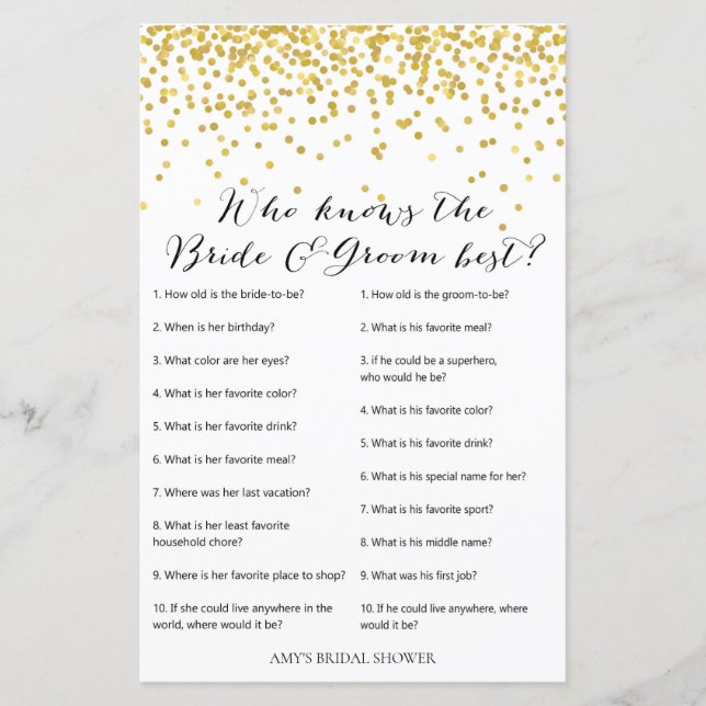 Lámina Juego de ducha de novia dorada - quién conoce a la (Anverso)