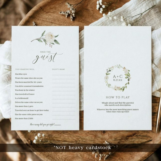 Lámina Juego de ducha de novia - Encuentra a la floral bl (Printed bridal shower games - find the guest icebreaker game - white floral greenery.)