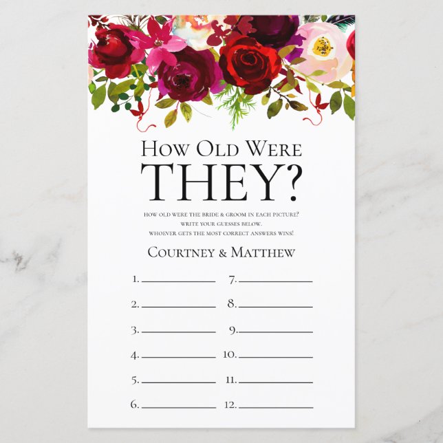 Lámina Juego de ducha de novia floral borgoñona (Anverso)