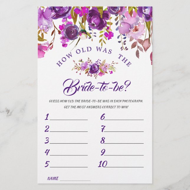 Lámina Juego de ducha de novia floral violeta púrpura (Anverso)