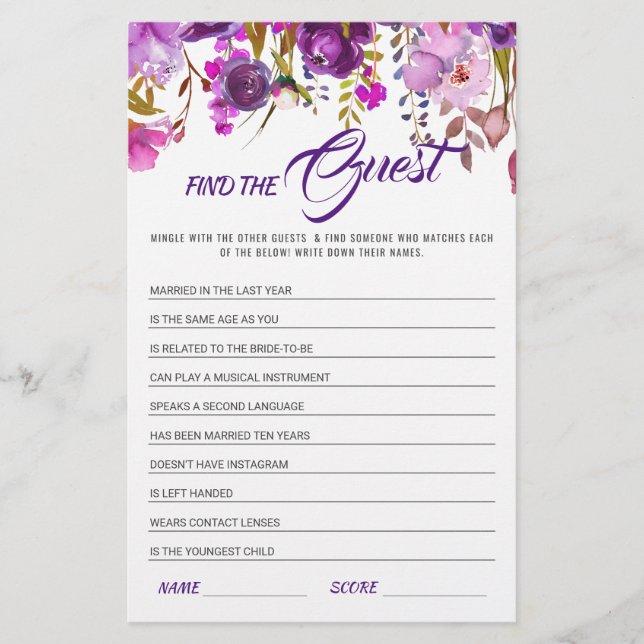 Lámina Juego de ducha de novia floral violeta púrpura (Anverso)