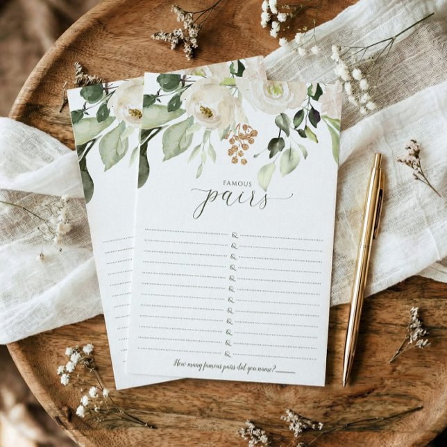 Lámina Juego de ducha de novia Parejas famosas - Parejas  (Famous couples printed bridal shower game - elegant white watercolor floral sage greenery)