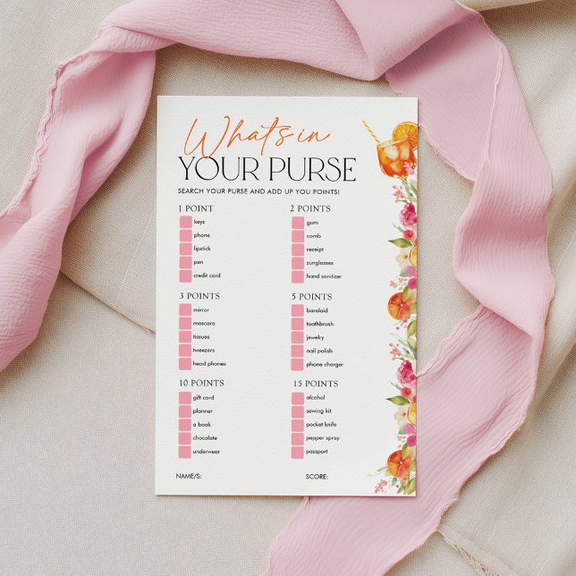 Lámina Juego de ducha de novia Whats In Your Purse Spritz (What's in your purse? Bridal Shower game | Love at First Spritz Floral Citrus theme)