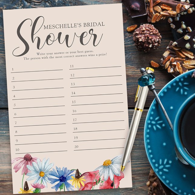 Lámina Juego de ducha de novia Wildflower Charm Answer Ca (DIY Bridal Shower Game or Baby Shower game answer sheet from my Wildflower Charm collection)