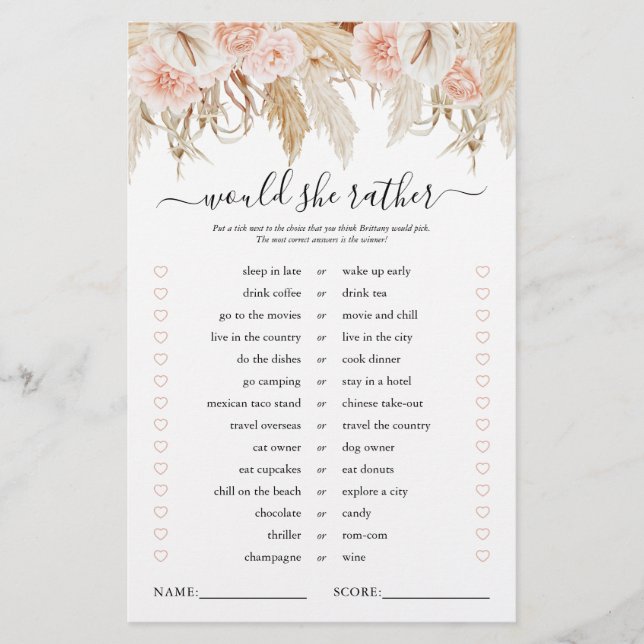 Lámina Juego de ducha de novias de pampas rosadas (Anverso)