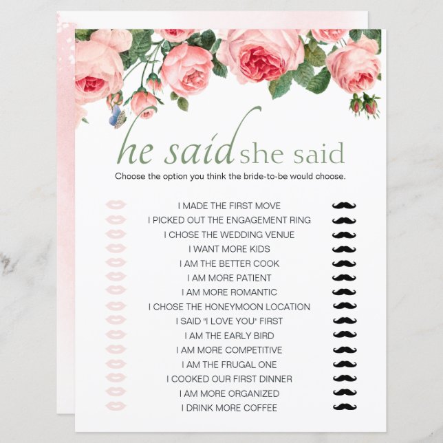 Lámina Juego De Ducha De Novias Dijo Que Decía Que Sonroj (Anverso / Reverso)