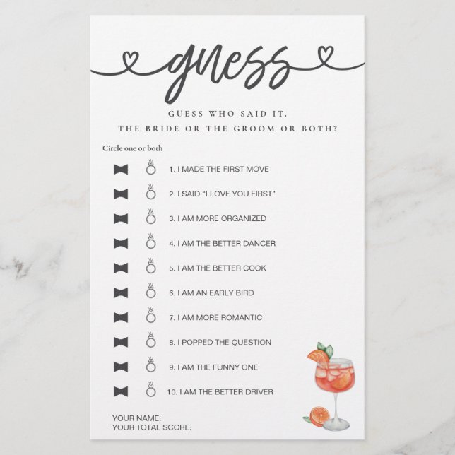 Lámina Juego De Ducha De Novias Dijo Que Dijo Que Adivina (Anverso)