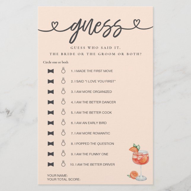 Lámina Juego De Ducha De Novias Dijo Que Dijo Que Adivina (Anverso)