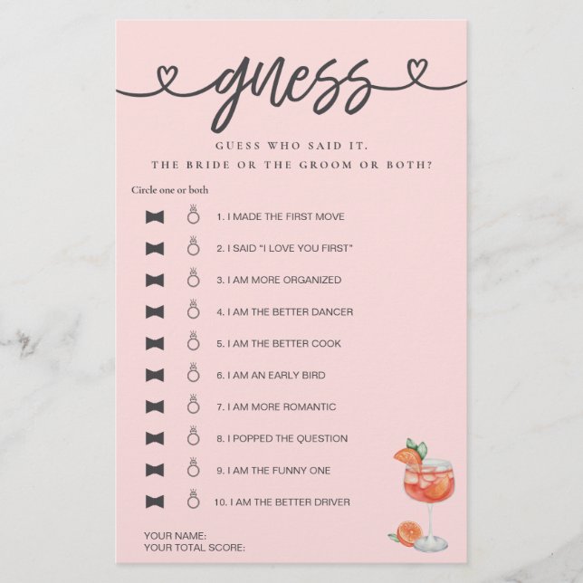 Lámina Juego De Ducha De Novias Dijo Que Dijo Que Adivina (Anverso)