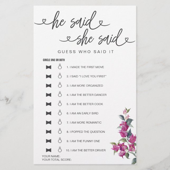 Lámina Juego De Ducha De Novias Dijo Que Dijo Que Supongo (Anverso)