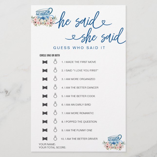 Lámina Juego De Ducha De Novias Dijo Que Dijo Que Supongo (Anverso)