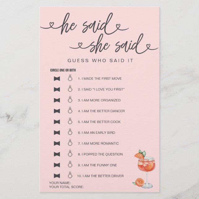 Lámina Juego De Ducha De Novias Dijo Que Dijo Que Supongo (Anverso)