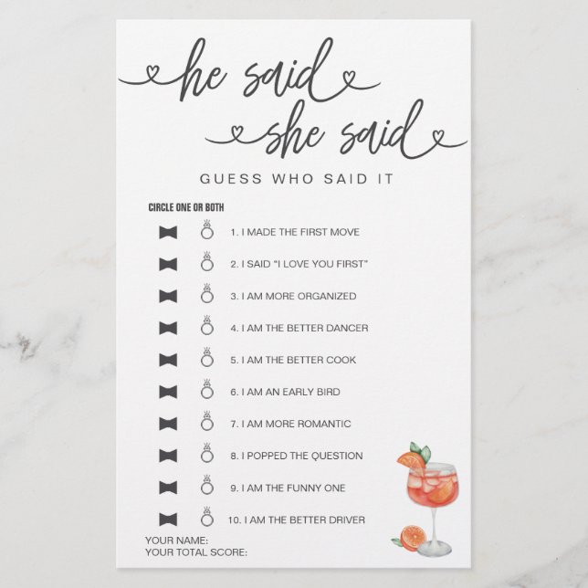 Lámina Juego De Ducha De Novias Dijo Que Dijo Que Supongo (Anverso)