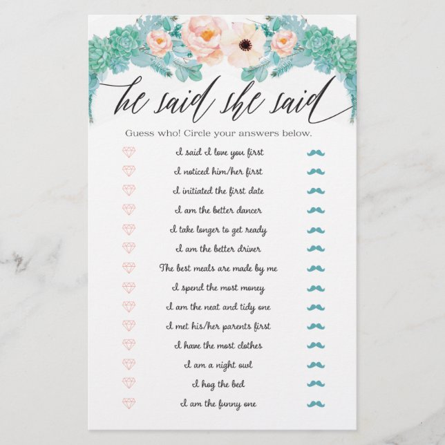 Lámina Juego De Ducha De Novias Florales Dijo Que (Anverso)