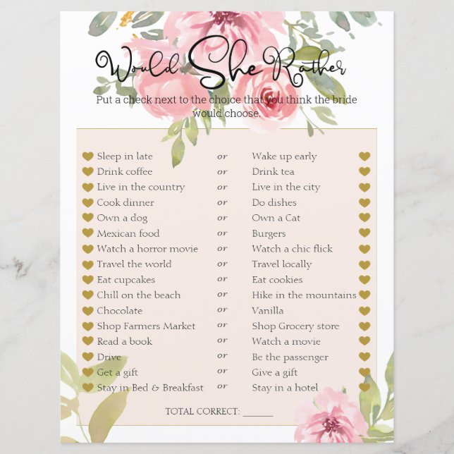 Lámina Juego De Ducha De Novias Prefiere Floral De Rubor (Anverso)