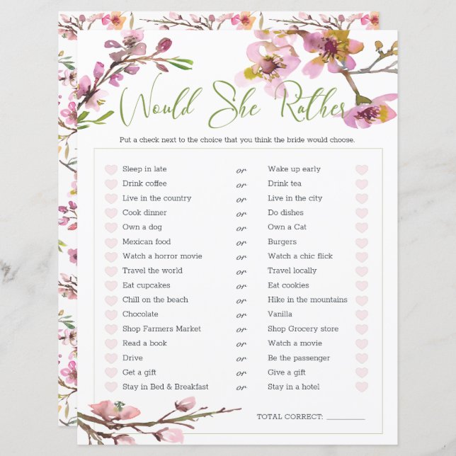 Lámina Juego De Ducha De Novias Prefiere La Flor De Cerez (Anverso / Reverso)