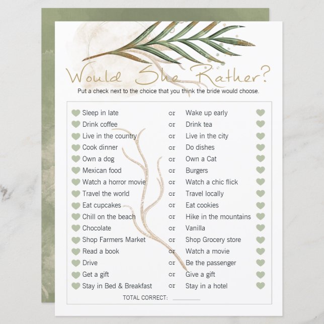 Lámina Juego De Ducha De Novias Prefiere Sage De Oro (Anverso / Reverso)