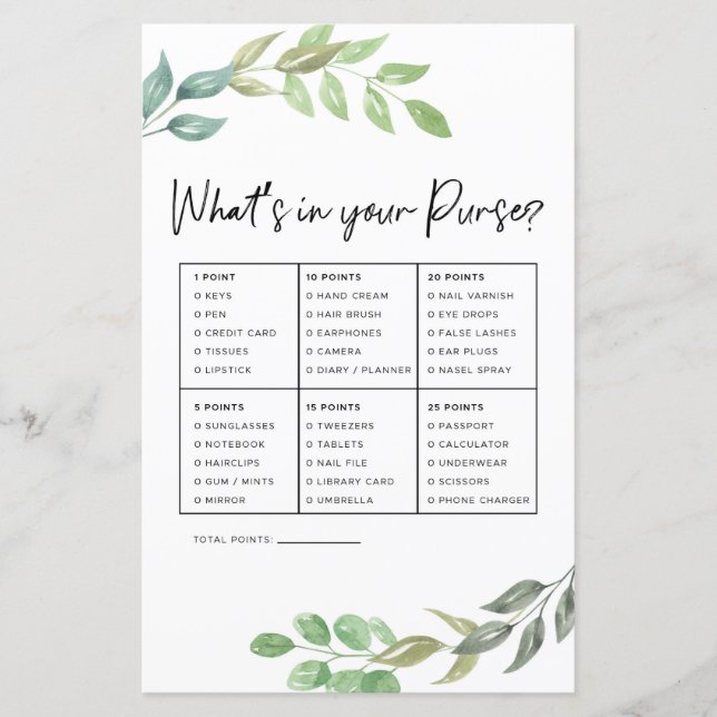 Lámina Juego de ducha de novias qué hay en tu bolso verde (Anverso)