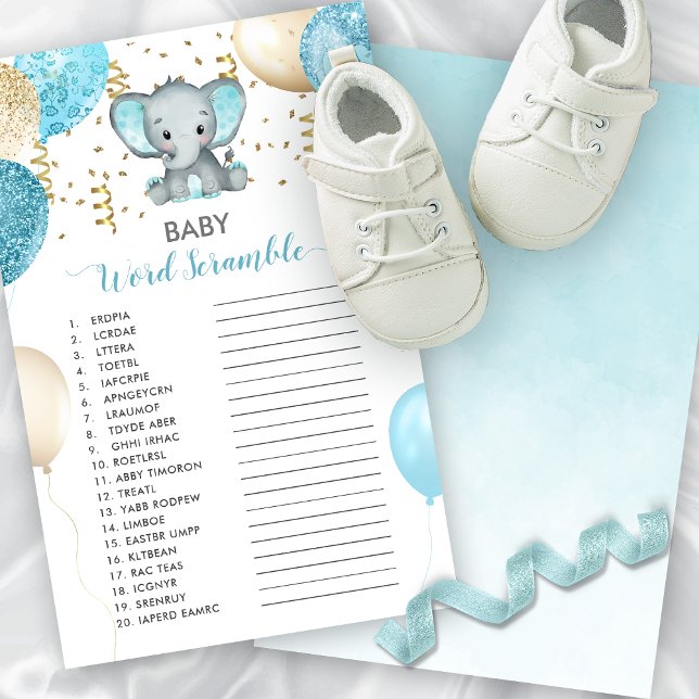 Lámina Juego de ducha elefante candente de palabras para  (Baby Word Scramble Elephant Shower Game)