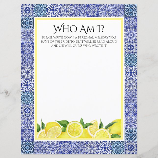 Lámina Juego de ducha Grecian Blue and Lemon "¿Quién soy? (Anverso)