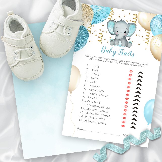 Lámina Juego de ducha para Elefantes de Agua para Bebés (Watercolor Turquoise Elephant Baby Traits Shower Game)