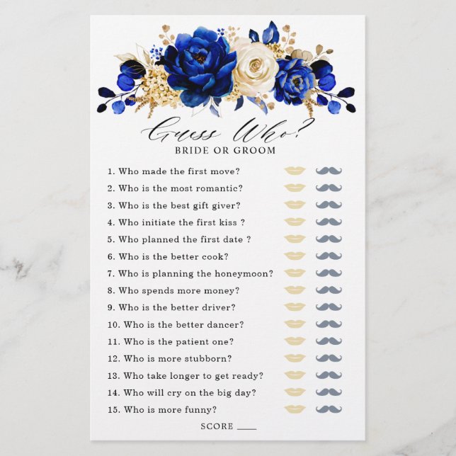 Lámina Juego de ducha Royal Blue Gold para novias Adivina (Anverso)
