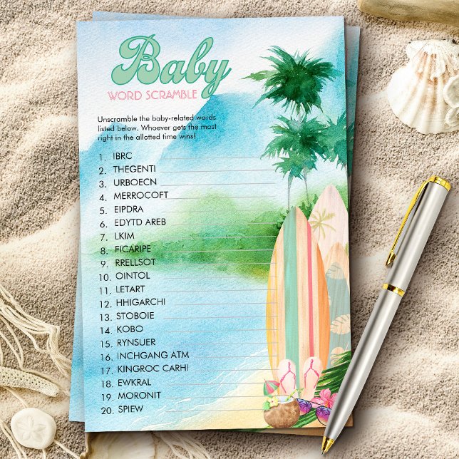 Lámina Juego de duchas de veraneo de Summer Beach Baby Wo (Baby shower game with tropical beach surfing theme from my Baby on Board baby shower collection)