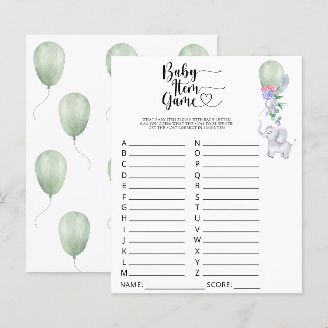 Lámina Juego de Elephant Baby Item. Juego Baby Shower (Anverso / Reverso)