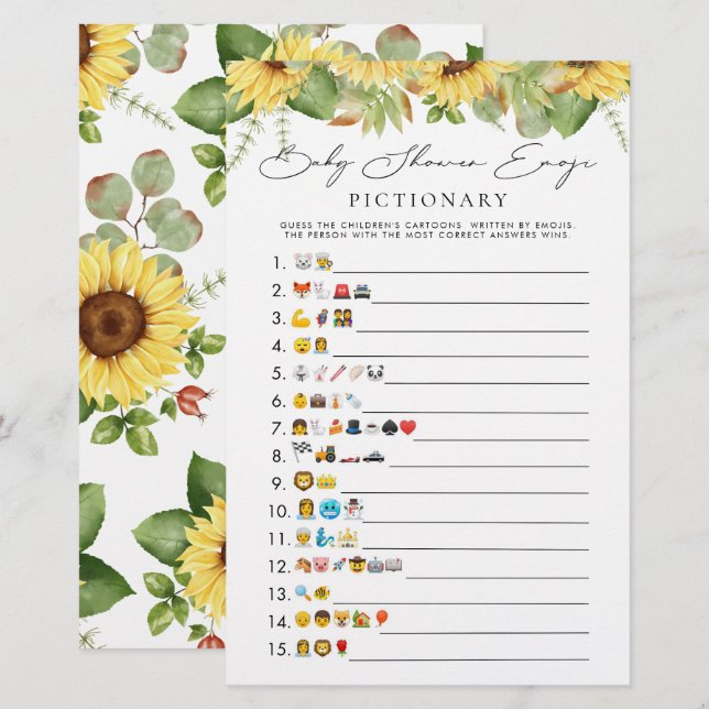 Lámina Juego de Emoji de Baby Shower de girasol verde (Anverso / Reverso)