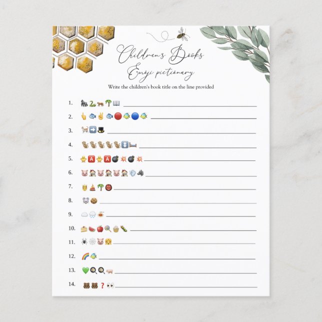 Lámina Juego de Emoji de libros infantil con tema de abej (Anverso)