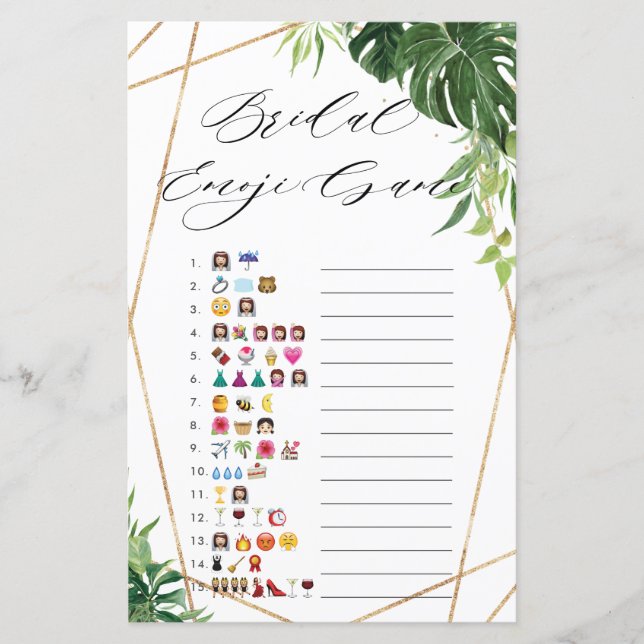 Lámina Juego de Emoji Tropical Greenery Bridal Shower (Anverso)