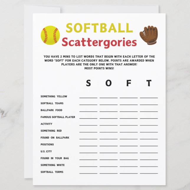 Lámina Juego de escatergories para softbol (Anverso)