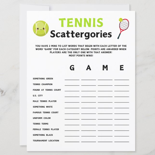 Lámina Juego de escattergories de tenis (Anverso)