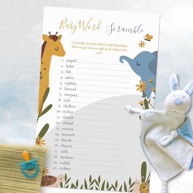 Lámina Juego de estribos de palabras de Baby Shower flora (Wild Animals Floral Baby Shower Word Scramble Game ©Susanne Sachers - Sunny Mind Design 🌞)