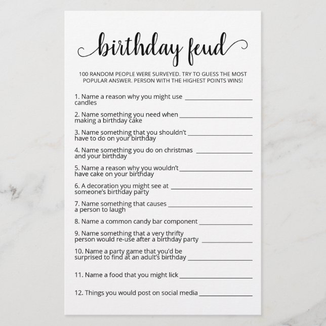 Lámina Juego de Feud de cumpleaños con respuestas (Anverso)