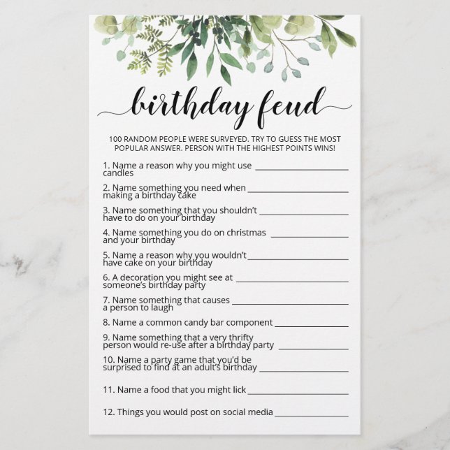 Lámina Juego de Feud de cumpleaños con respuestas (Anverso)