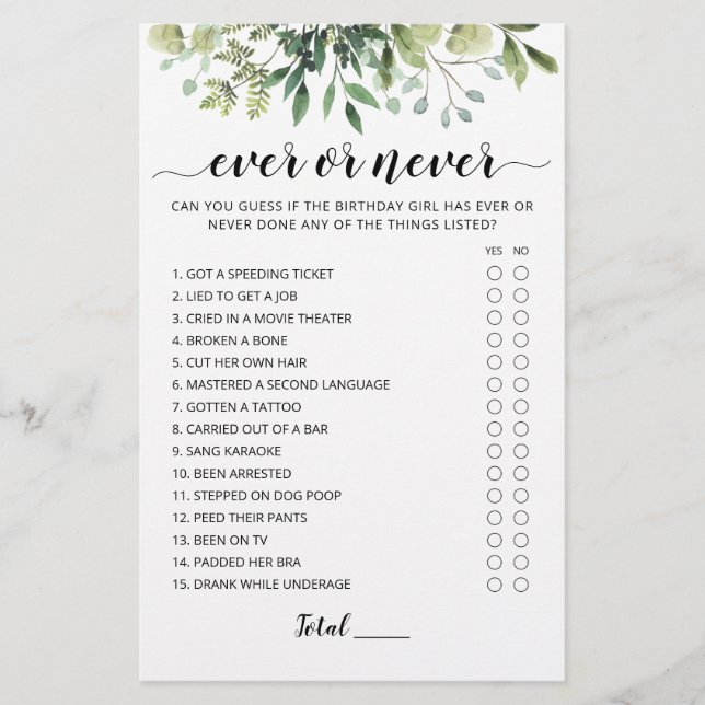 Lámina Juego de fiesta de cumpleaños o nunca (Anverso)