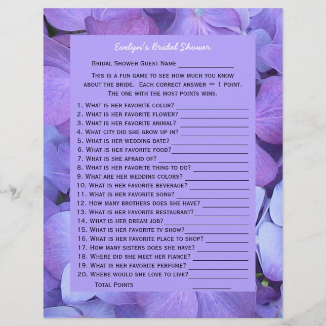 Lámina Juego de Fiesta de ducha de novia o boda - Hydrang (Anverso)