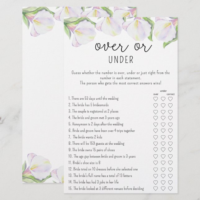 Lámina Juego de flores de Calla - Más o menos para la duc (Anverso / Reverso)