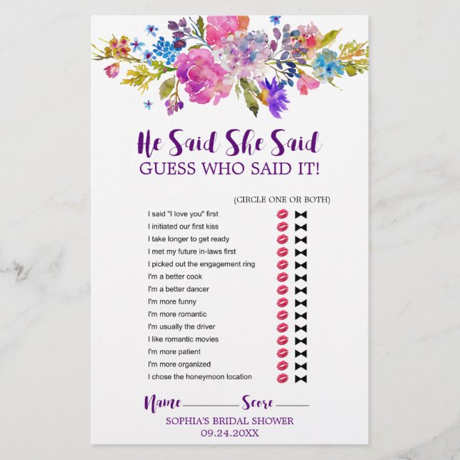 Lámina Juego de flores moradas y rosas "Dijo que dijo" (Anverso)