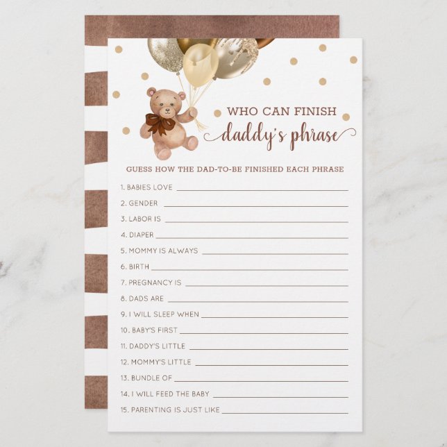 Lámina Juego de frases de papá Baby Shower Teddy Bear (Anverso / Reverso)