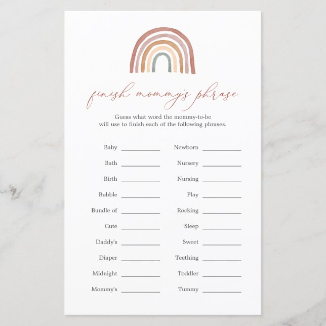 Lámina Juego de frases de Rainbow Baby Shower Finish Momm (Anverso)