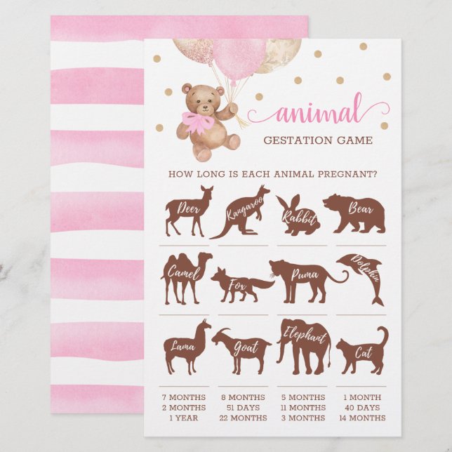 Lámina Juego de gestación animal Baby Shower Teddy Bear (Anverso / Reverso)