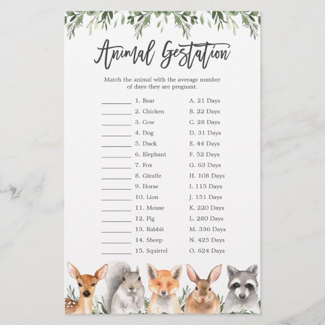 Lámina Juego de Gestación Animal de Woodland Animals Baby (Anverso)