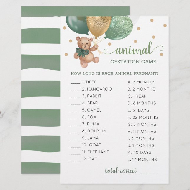 Lámina Juego de gestación animal Sage Green Teddy Bear (Anverso / Reverso)